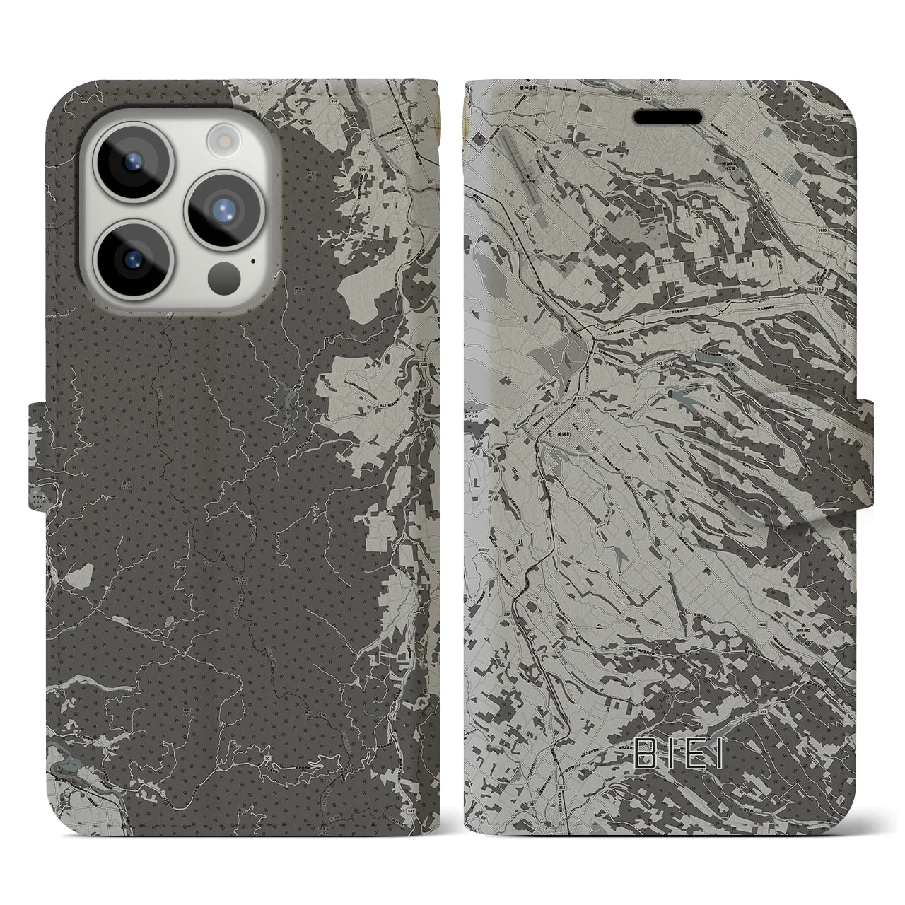 【美瑛(北海道)】地図柄iPhoneケース(手帳タイプ)モノトーン・iPhone 15 Pro 用