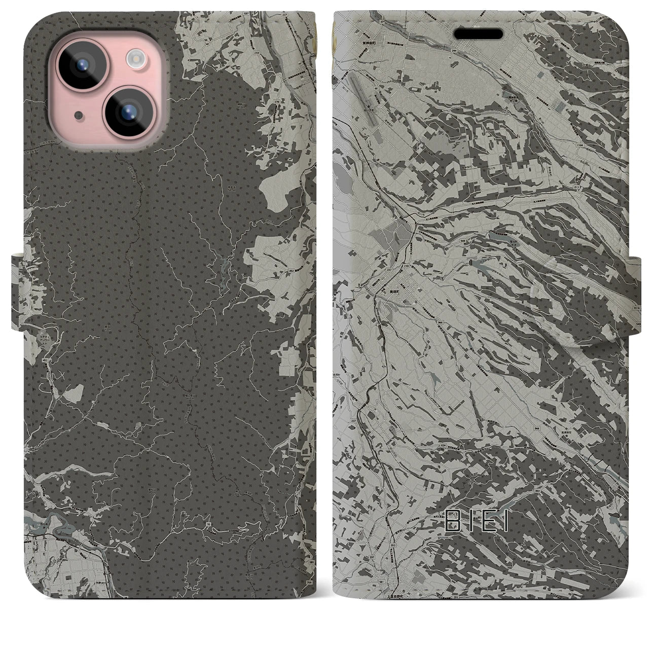 【美瑛(北海道)】地図柄iPhoneケース(手帳タイプ)モノトーン・iPhone 15 Plus 用