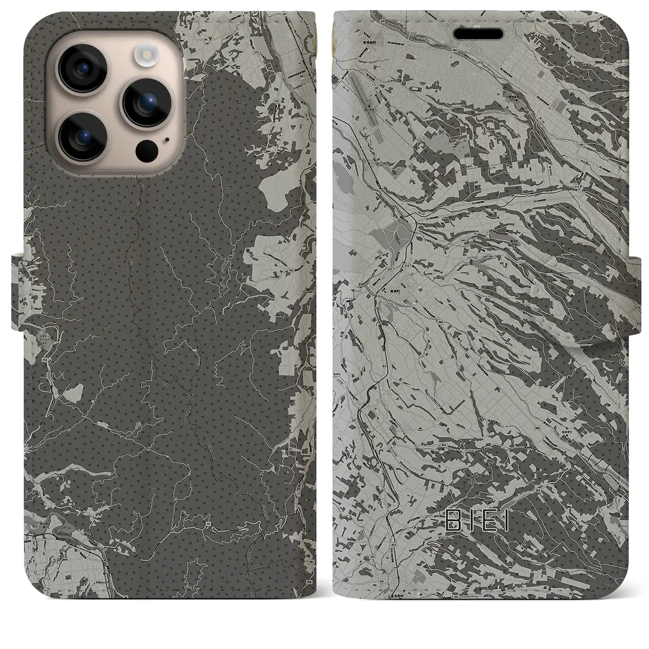 【美瑛(北海道)】地図柄iPhoneケース(手帳タイプ)モノトーン・iPhone 16 Plus 用