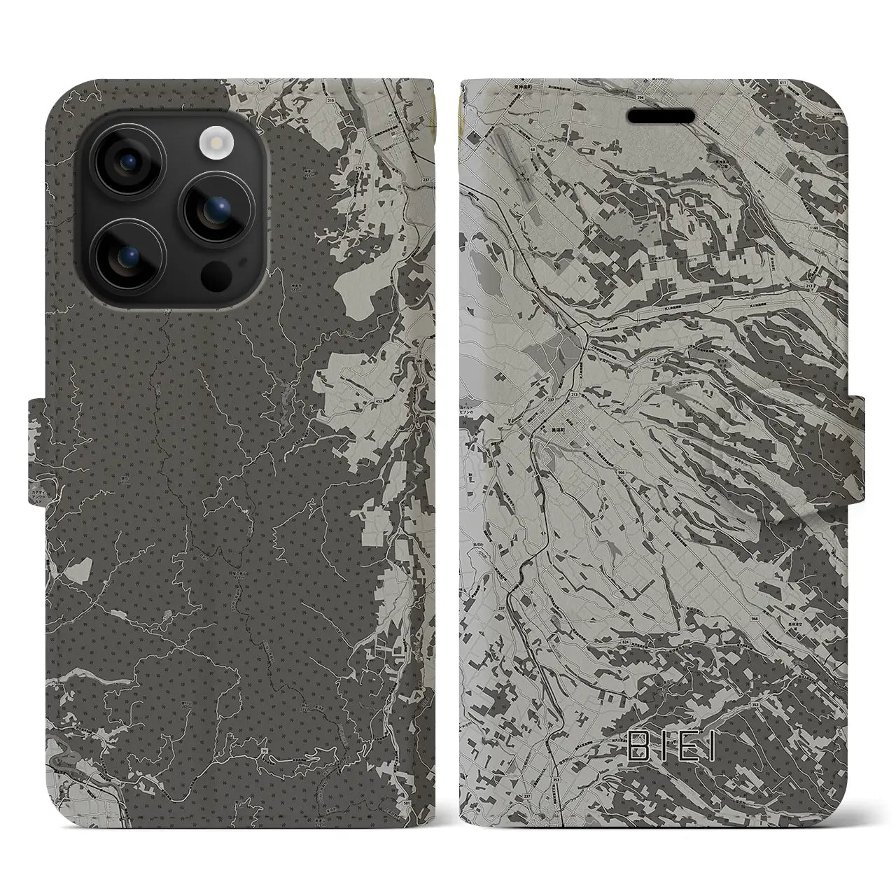 【美瑛(北海道)】地図柄iPhoneケース(手帳タイプ)モノトーン・iPhone 16 用