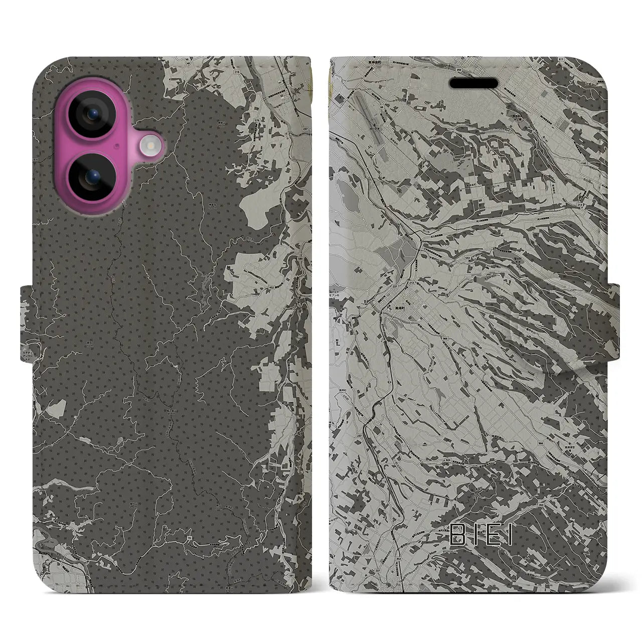 【美瑛(北海道)】地図柄iPhoneケース(手帳タイプ)モノトーン・iPhone 16 Pro 用