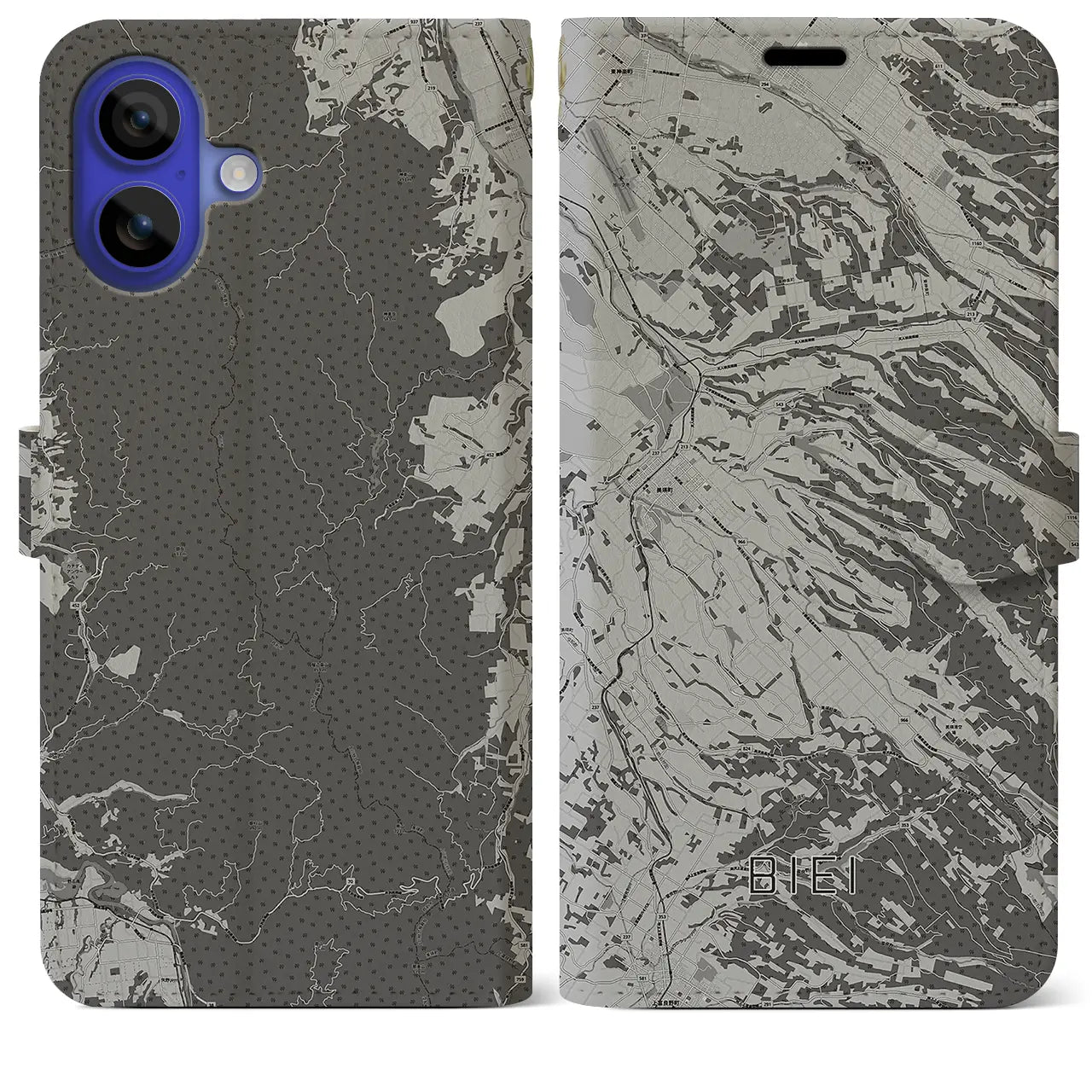 【美瑛(北海道)】地図柄iPhoneケース(手帳タイプ)モノトーン・iPhone 16 Pro Max 用
