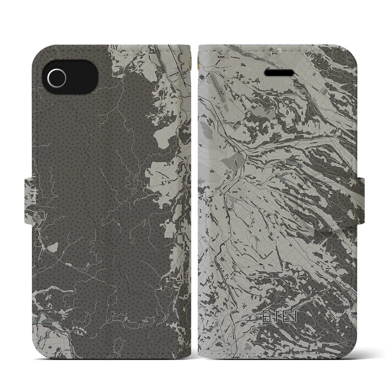 【美瑛(北海道)】地図柄iPhoneケース(手帳タイプ)モノトーン・iPhone SE(第3 / 第2世代) / 8 / 7 / 6s / 6 用