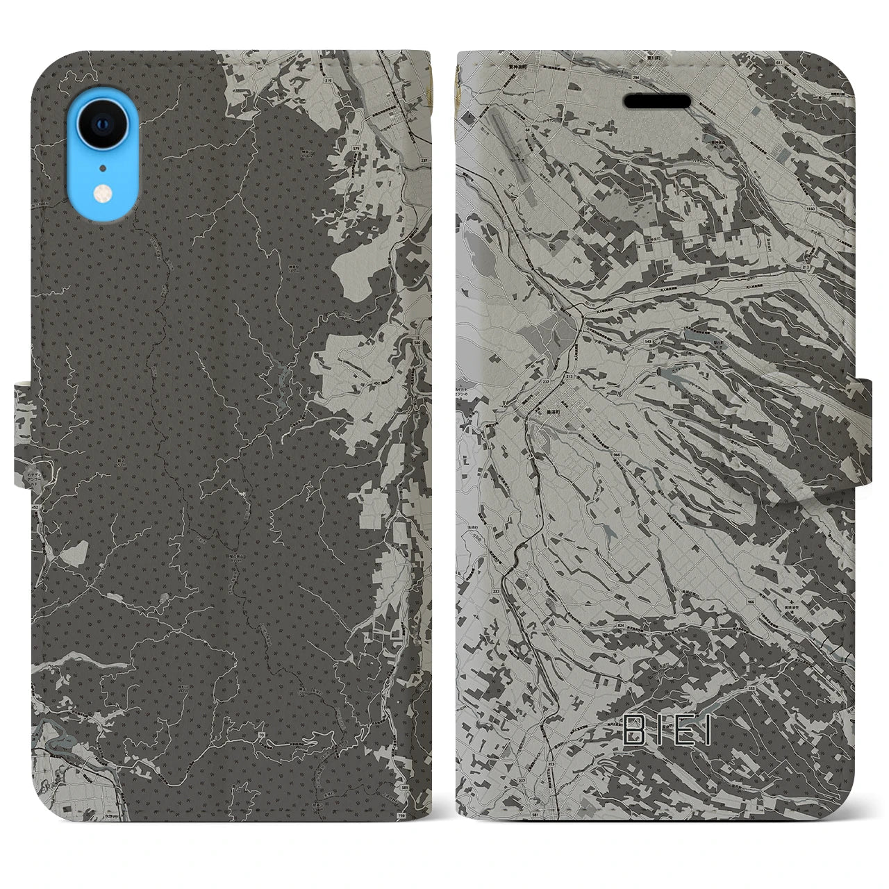 【美瑛(北海道)】地図柄iPhoneケース(手帳タイプ)モノトーン・iPhone XR 用