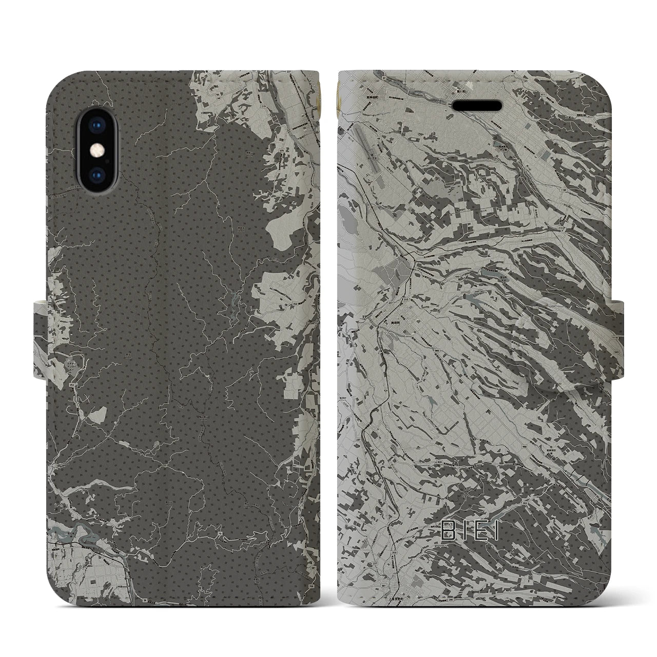 【美瑛(北海道)】地図柄iPhoneケース(手帳タイプ)モノトーン・iPhone XS / X 用