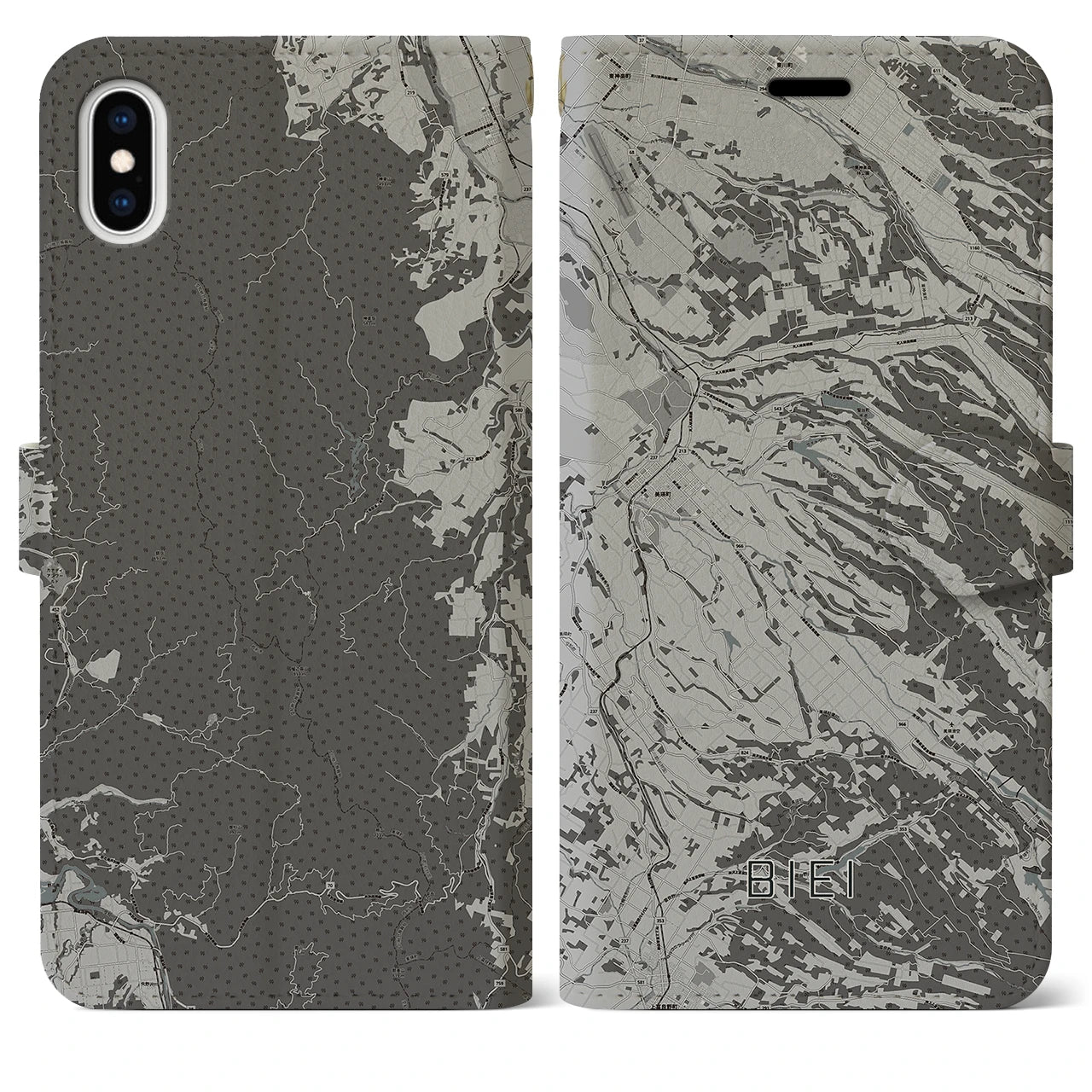 【美瑛(北海道)】地図柄iPhoneケース(手帳タイプ)モノトーン・iPhone XS Max 用
