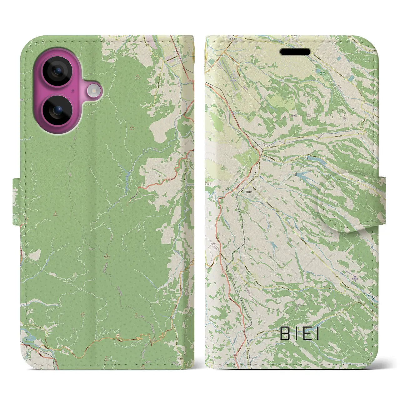 【美瑛(北海道)】地図柄iPhoneケース(手帳タイプ)ナチュラル・iPhone 16 Pro 用