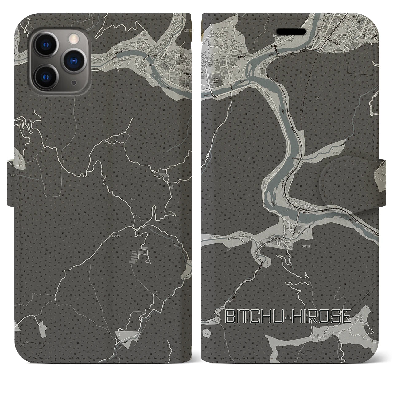 【備中広瀬(岡山県)】地図柄iPhoneケース(手帳タイプ)モノトーン・iPhone 11 Pro Max 用
