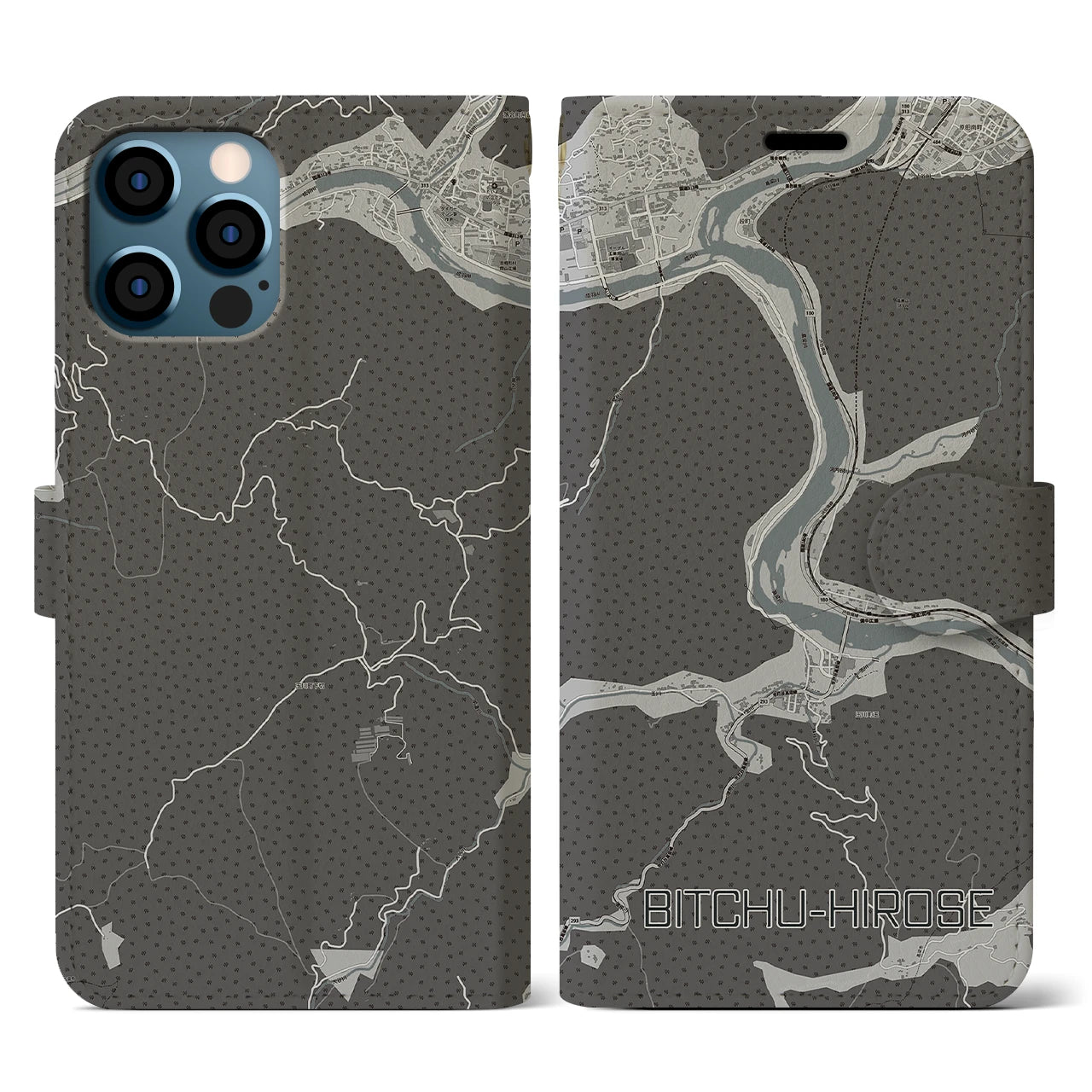 【備中広瀬(岡山県)】地図柄iPhoneケース(手帳タイプ)モノトーン・iPhone 12 / 12 Pro 用