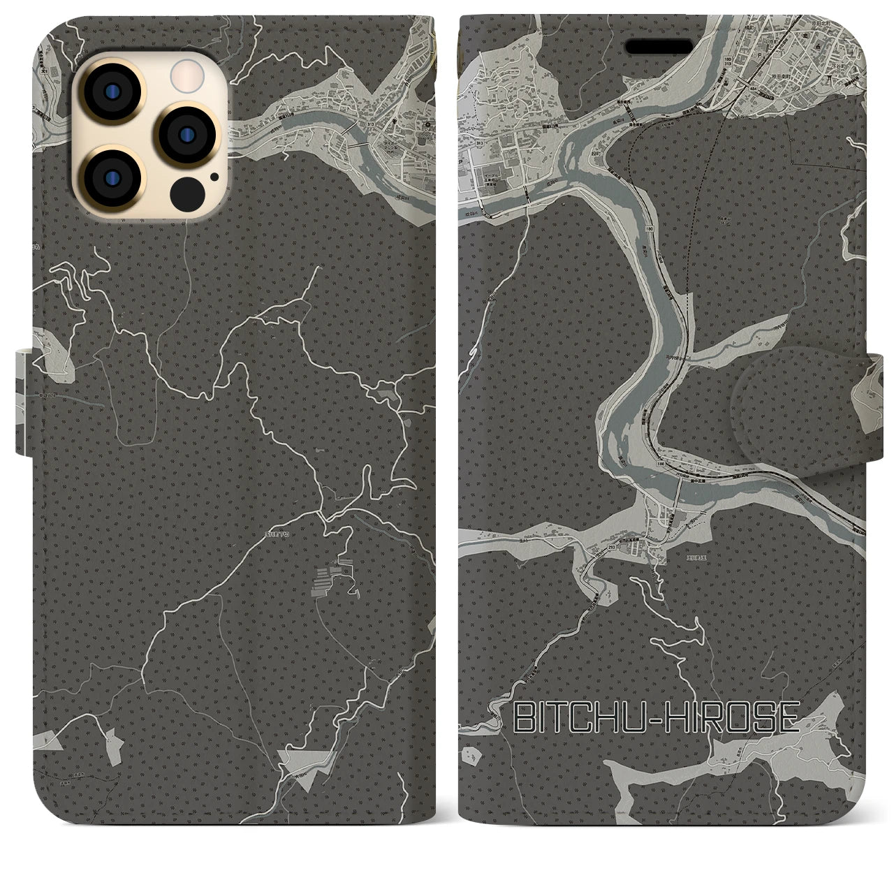 【備中広瀬(岡山県)】地図柄iPhoneケース(手帳タイプ)モノトーン・iPhone 12 Pro Max 用