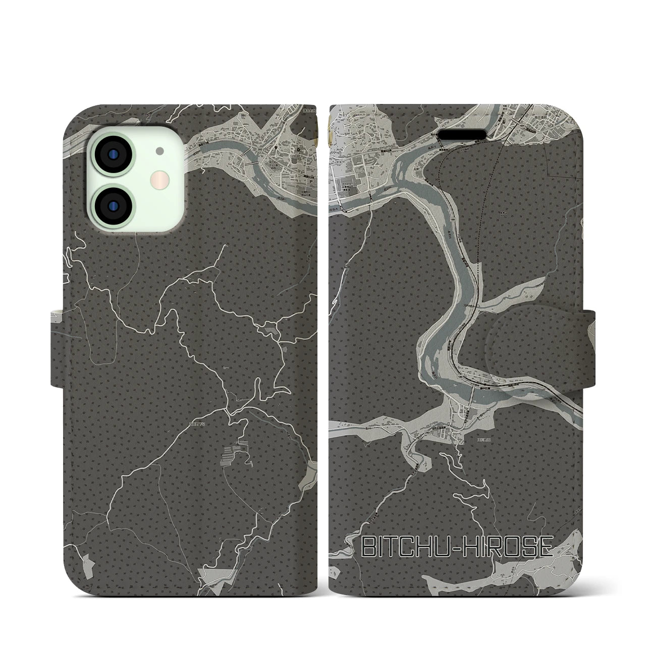 【備中広瀬(岡山県)】地図柄iPhoneケース(手帳タイプ)モノトーン・iPhone 12 mini 用