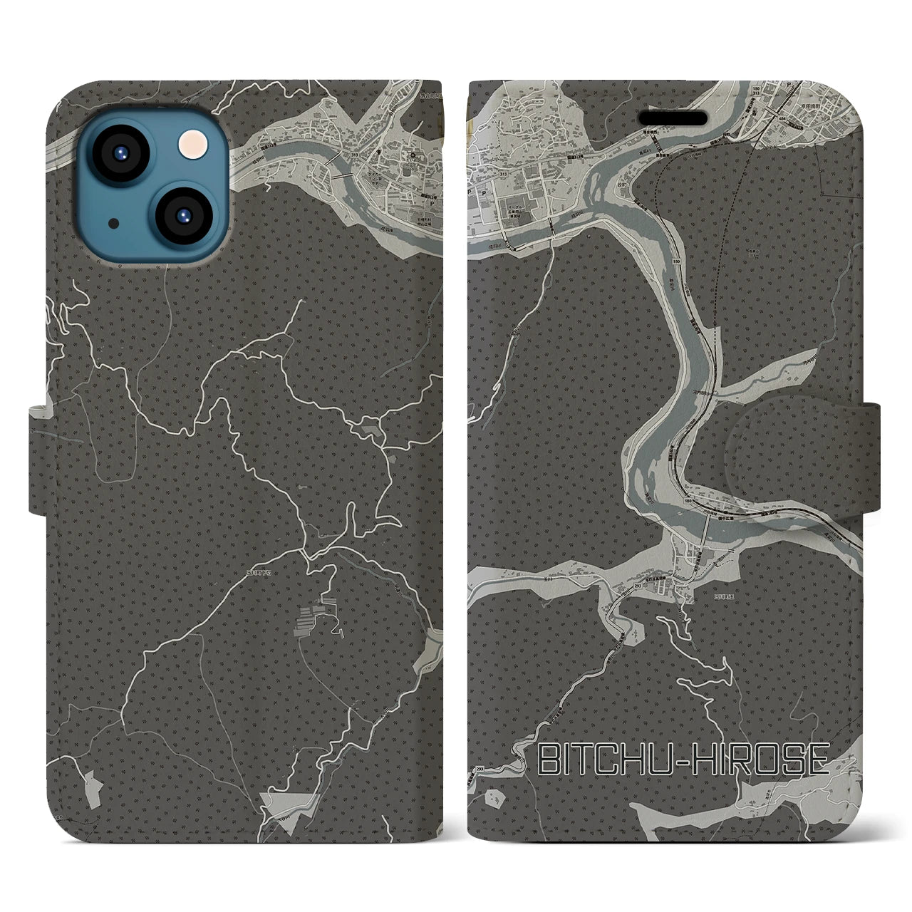 【備中広瀬(岡山県)】地図柄iPhoneケース(手帳タイプ)モノトーン・iPhone 13 用