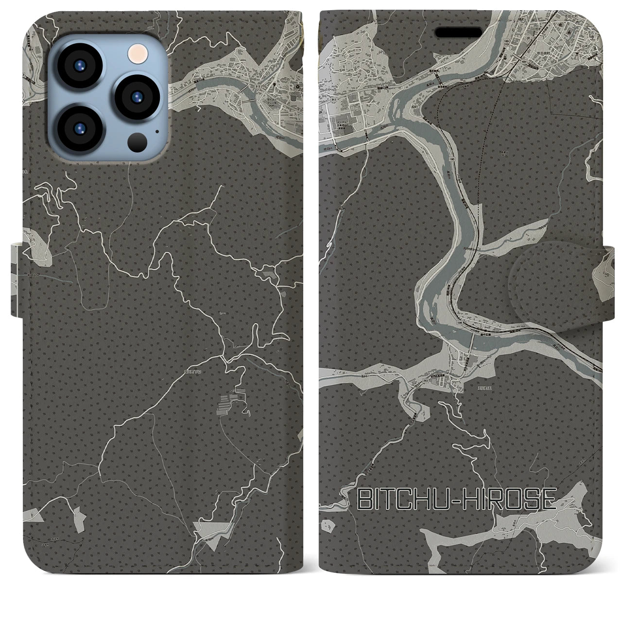 【備中広瀬(岡山県)】地図柄iPhoneケース(手帳タイプ)モノトーン・iPhone 13 Pro Max 用