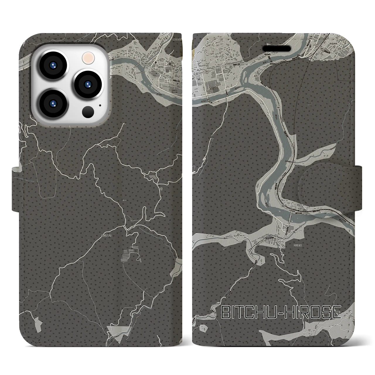 【備中広瀬(岡山県)】地図柄iPhoneケース(手帳タイプ)モノトーン・iPhone 13 Pro 用