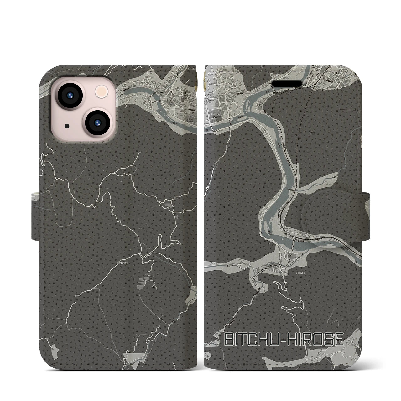 【備中広瀬(岡山県)】地図柄iPhoneケース(手帳タイプ)モノトーン・iPhone 13 mini 用