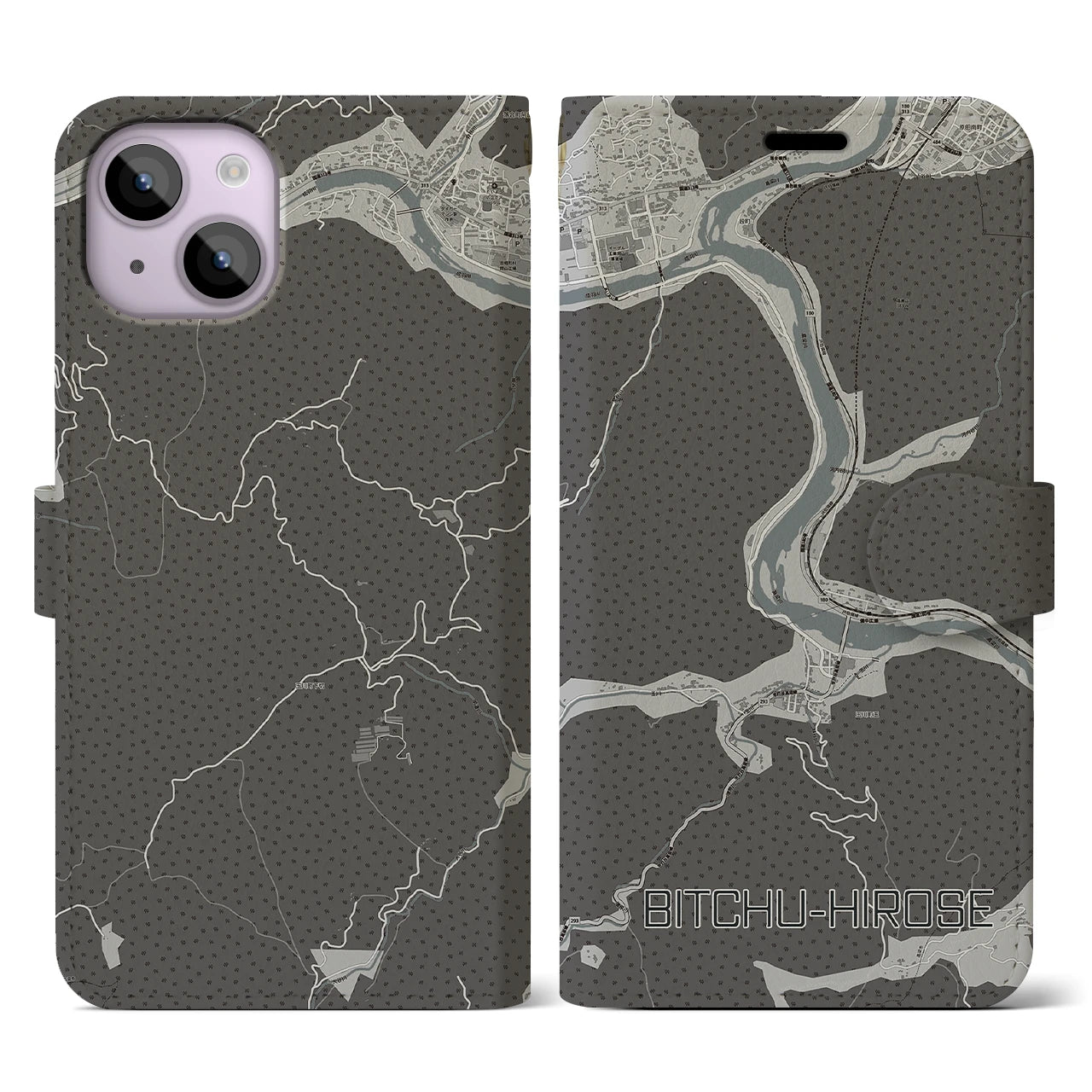 【備中広瀬(岡山県)】地図柄iPhoneケース(手帳タイプ)モノトーン・iPhone 14 用