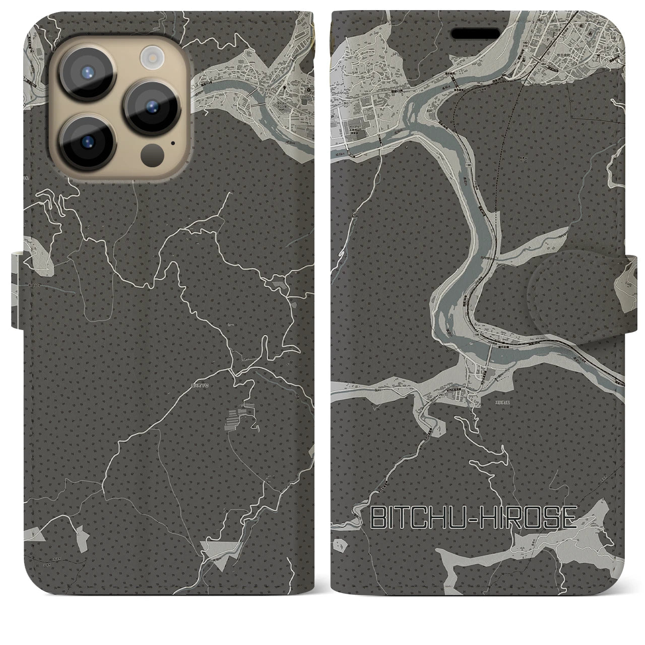 【備中広瀬(岡山県)】地図柄iPhoneケース(手帳タイプ)モノトーン・iPhone 14 Pro Max 用
