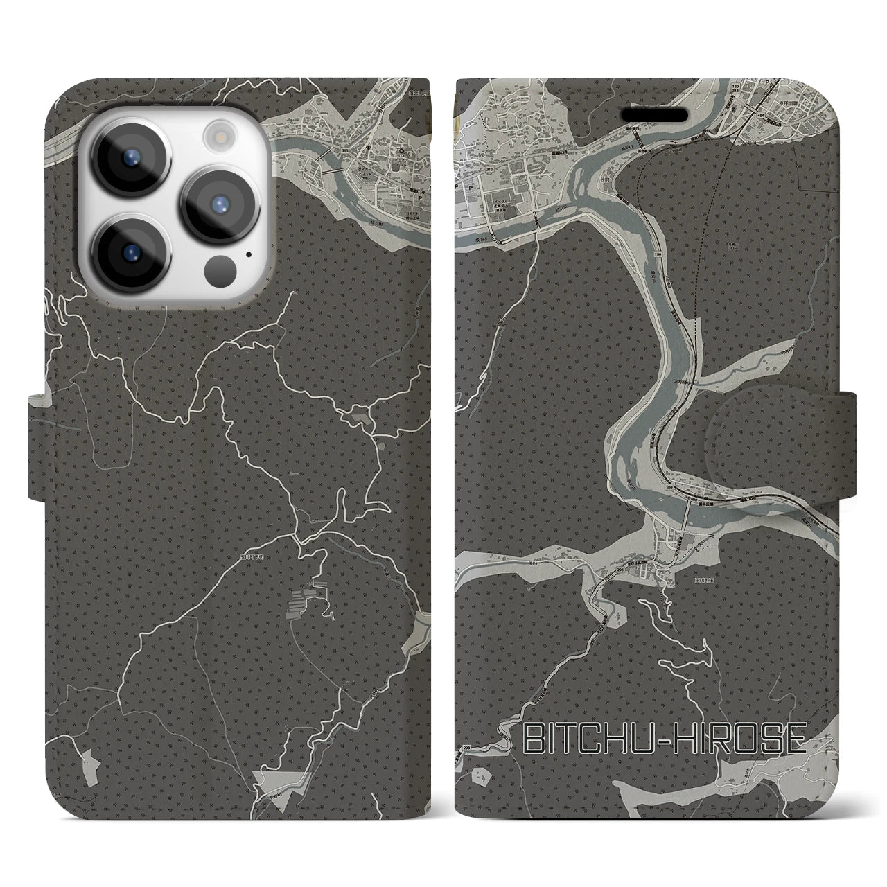 【備中広瀬(岡山県)】地図柄iPhoneケース(手帳タイプ)モノトーン・iPhone 14 Pro 用