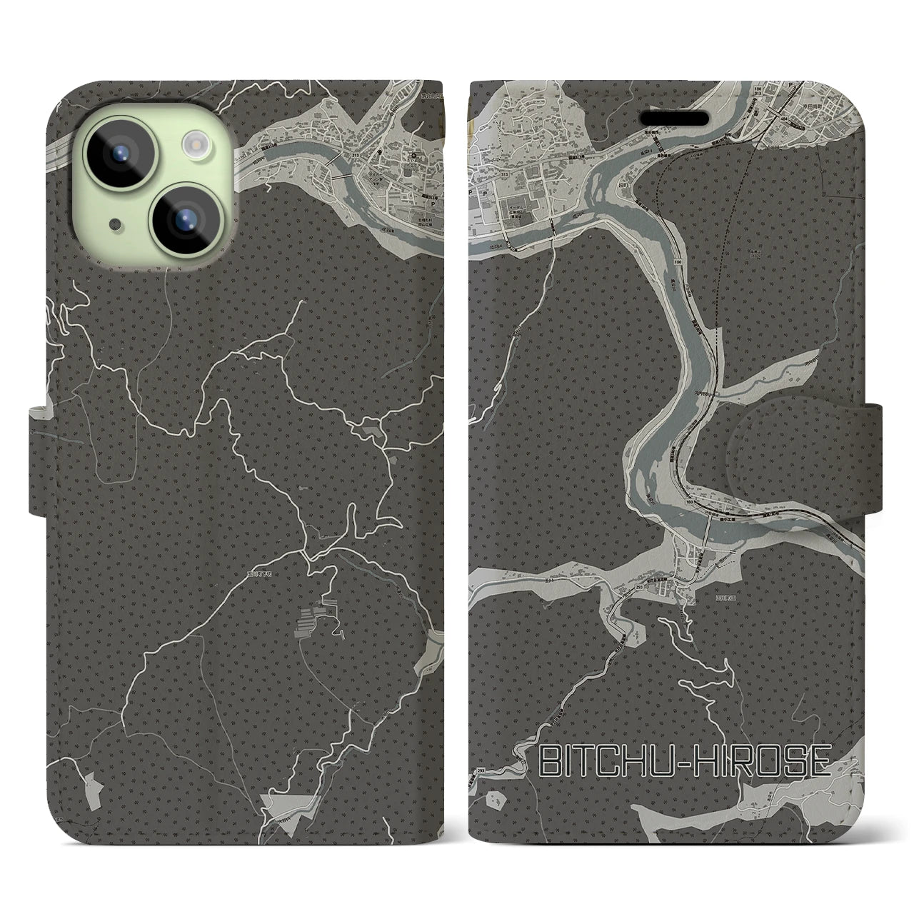 【備中広瀬(岡山県)】地図柄iPhoneケース(手帳タイプ)モノトーン・iPhone 15 用
