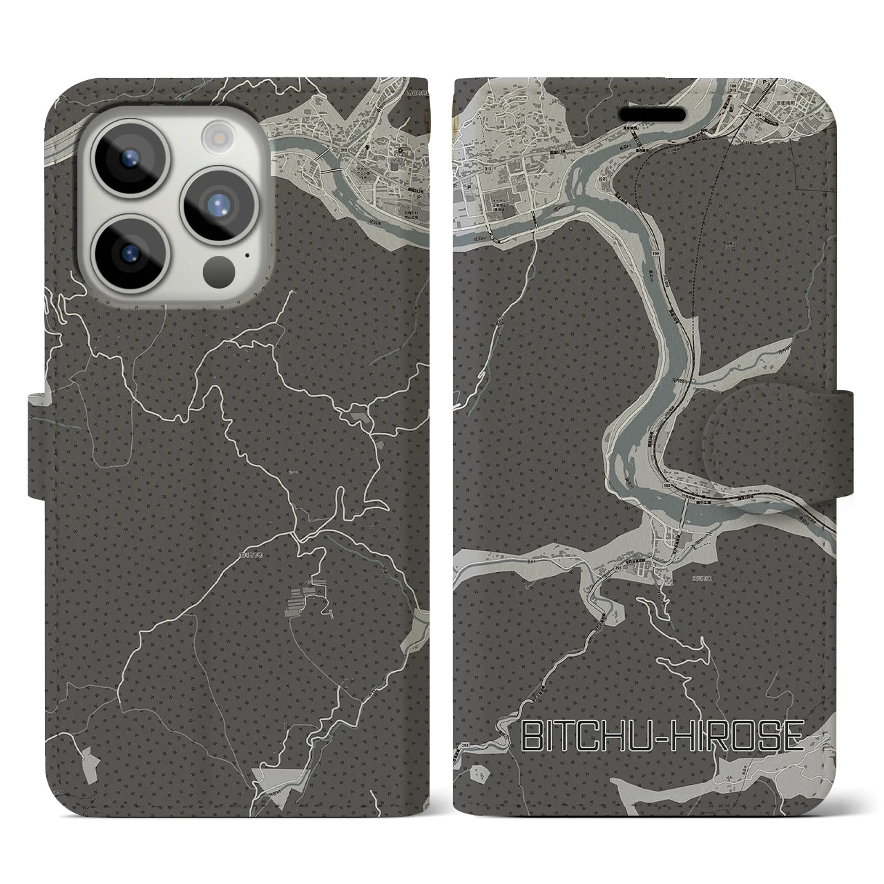 【備中広瀬(岡山県)】地図柄iPhoneケース(手帳タイプ)モノトーン・iPhone 15 Pro 用