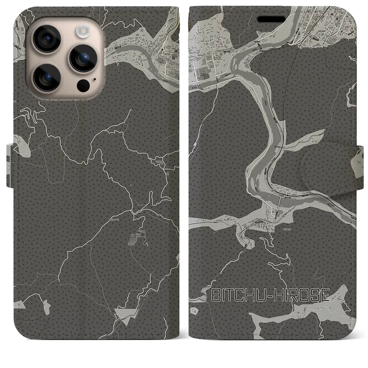 【備中広瀬(岡山県)】地図柄iPhoneケース(手帳タイプ)モノトーン・iPhone 16 Plus 用