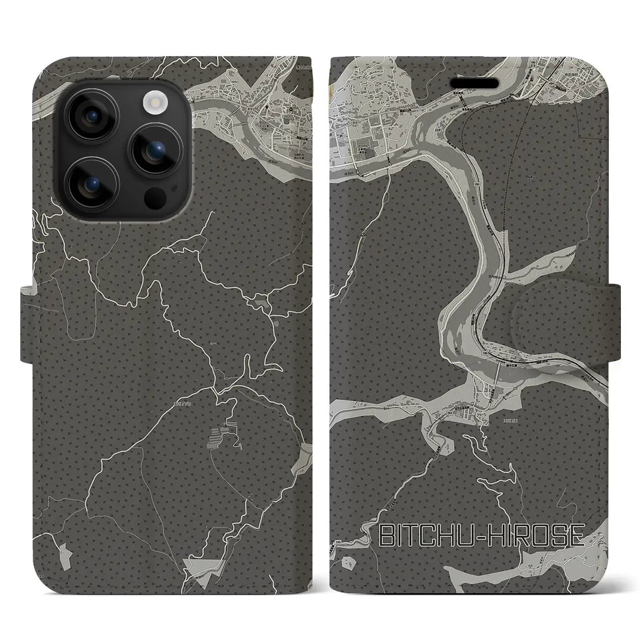 【備中広瀬(岡山県)】地図柄iPhoneケース(手帳タイプ)モノトーン・iPhone 16 用