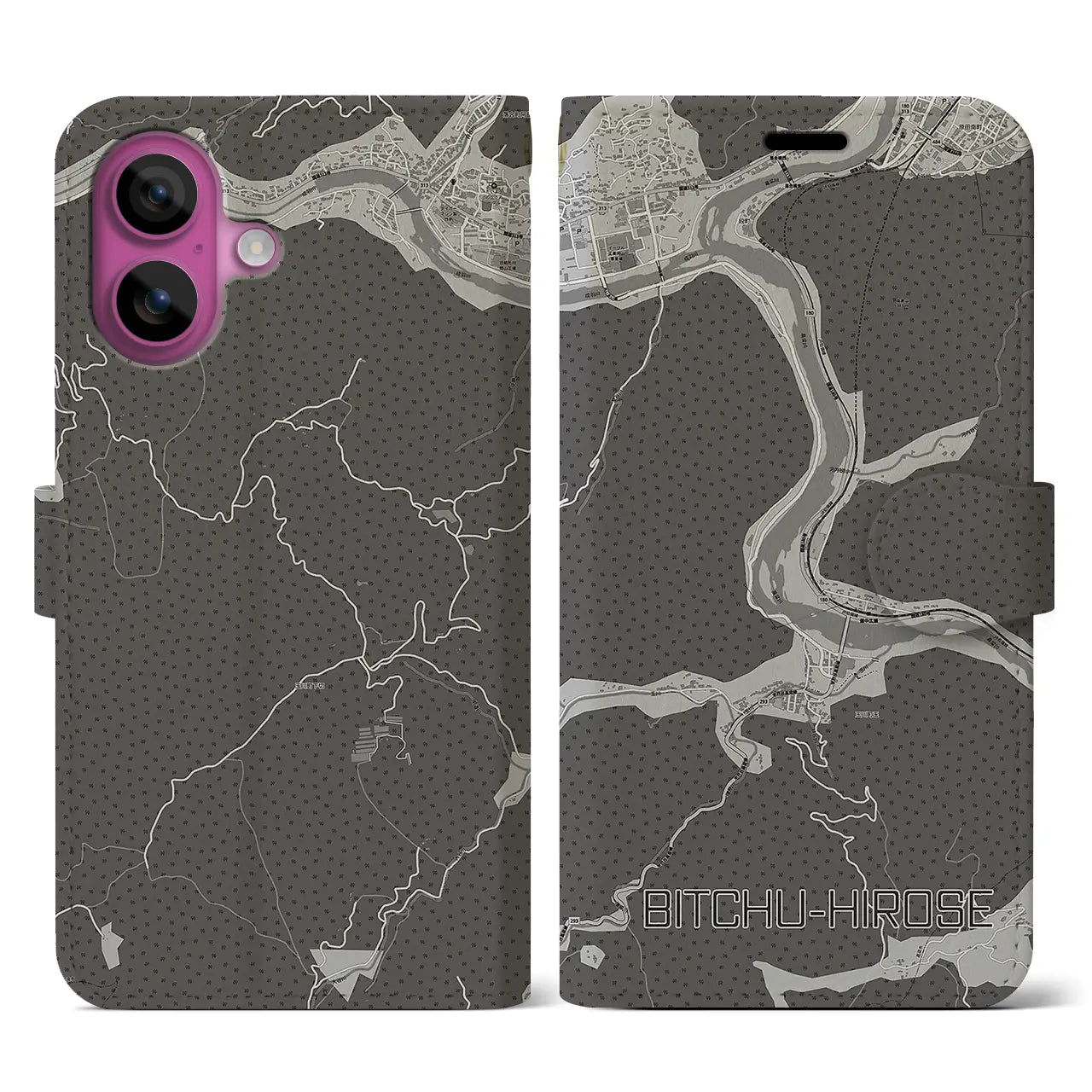 【備中広瀬(岡山県)】地図柄iPhoneケース(手帳タイプ)モノトーン・iPhone 16 Pro 用