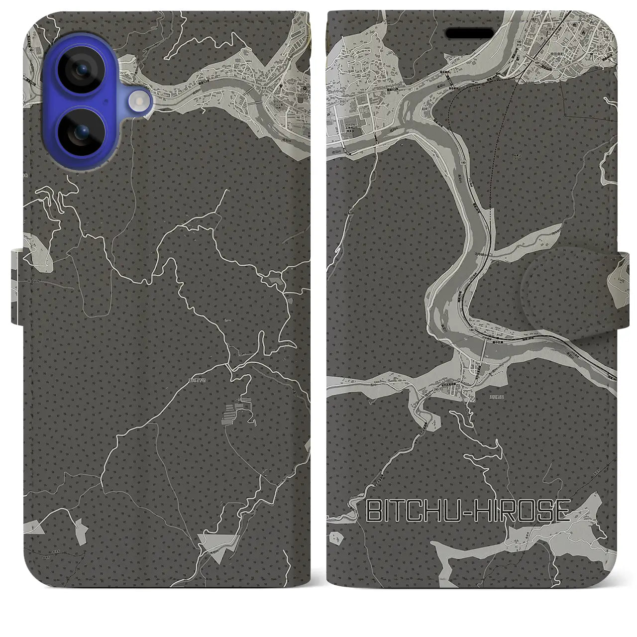【備中広瀬(岡山県)】地図柄iPhoneケース(手帳タイプ)モノトーン・iPhone 16 Pro Max 用