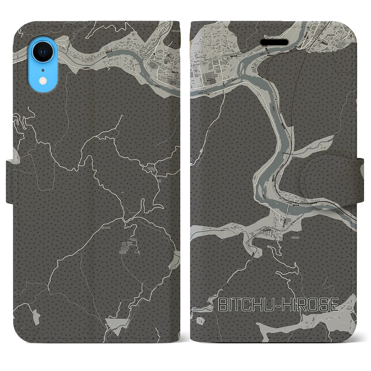 【備中広瀬(岡山県)】地図柄iPhoneケース(手帳タイプ)モノトーン・iPhone XR 用