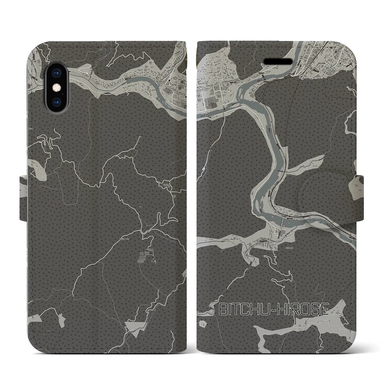 【備中広瀬(岡山県)】地図柄iPhoneケース(手帳タイプ)モノトーン・iPhone XS / X 用