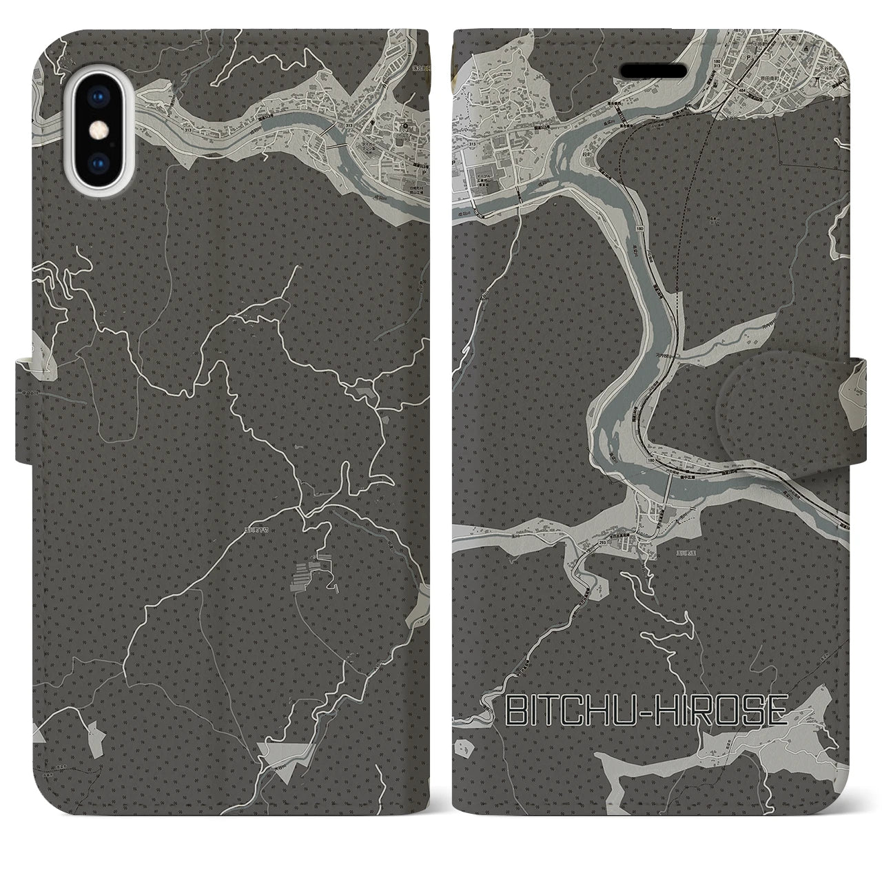 【備中広瀬(岡山県)】地図柄iPhoneケース(手帳タイプ)モノトーン・iPhone XS Max 用