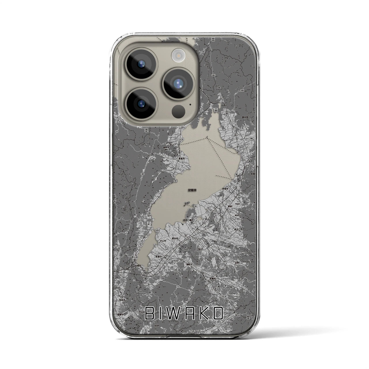 【琵琶湖2(滋賀県)】地図柄iPhoneケース(クリアタイプ)モノトーン・iPhone 15 Pro 用