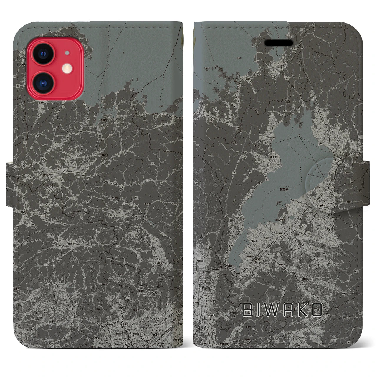 【琵琶湖2(滋賀県)】地図柄iPhoneケース(手帳タイプ)モノトーン・iPhone 11 用