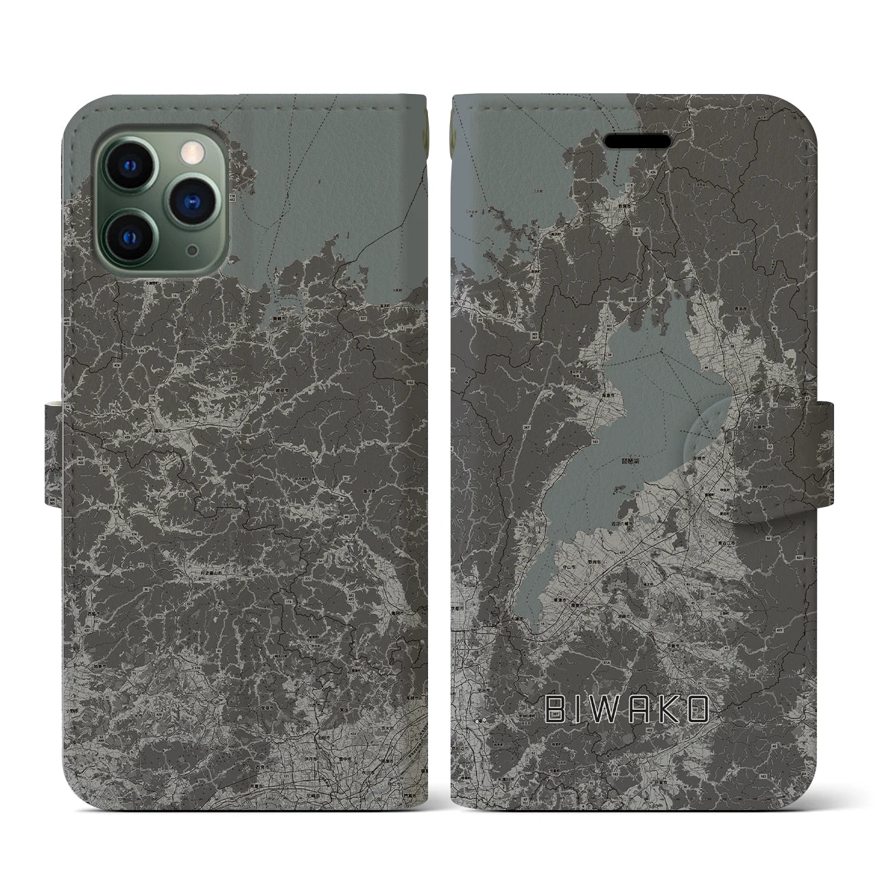 【琵琶湖2(滋賀県)】地図柄iPhoneケース(手帳タイプ)モノトーン・iPhone 11 Pro 用