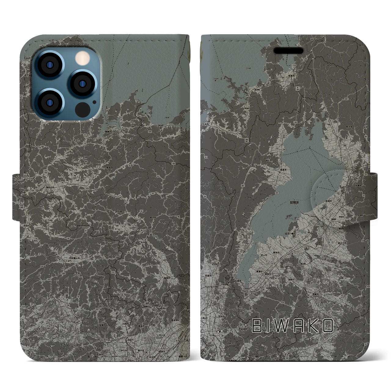 【琵琶湖2(滋賀県)】地図柄iPhoneケース(手帳タイプ)モノトーン・iPhone 12 / 12 Pro 用