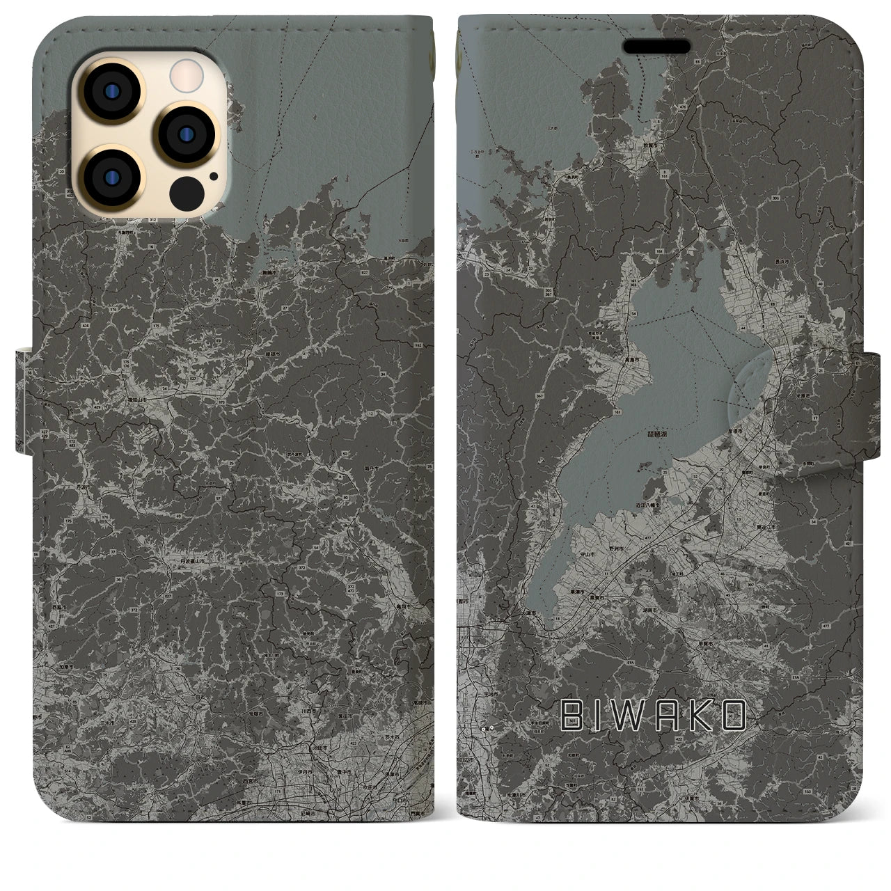 【琵琶湖2(滋賀県)】地図柄iPhoneケース(手帳タイプ)モノトーン・iPhone 12 Pro Max 用