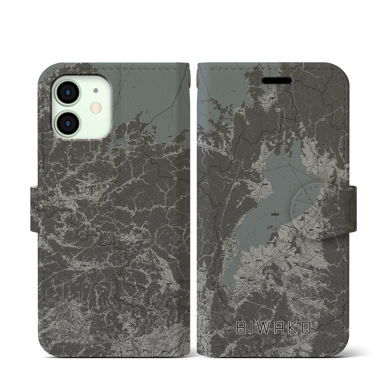 【琵琶湖2(滋賀県)】地図柄iPhoneケース(手帳タイプ)モノトーン・iPhone 12 mini 用