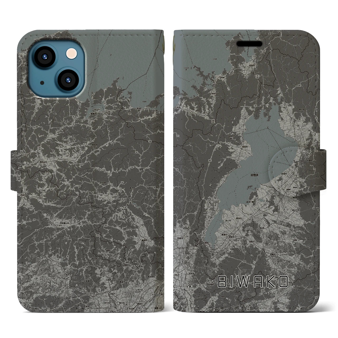 【琵琶湖2(滋賀県)】地図柄iPhoneケース(手帳タイプ)モノトーン・iPhone 13 用