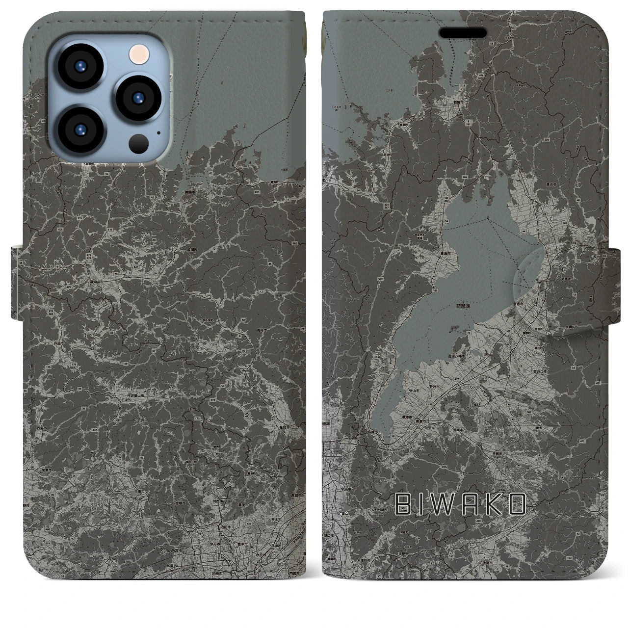 【琵琶湖2(滋賀県)】地図柄iPhoneケース(手帳タイプ)モノトーン・iPhone 13 Pro Max 用