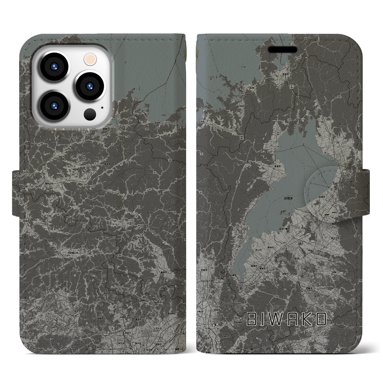 【琵琶湖2(滋賀県)】地図柄iPhoneケース(手帳タイプ)モノトーン・iPhone 13 Pro 用
