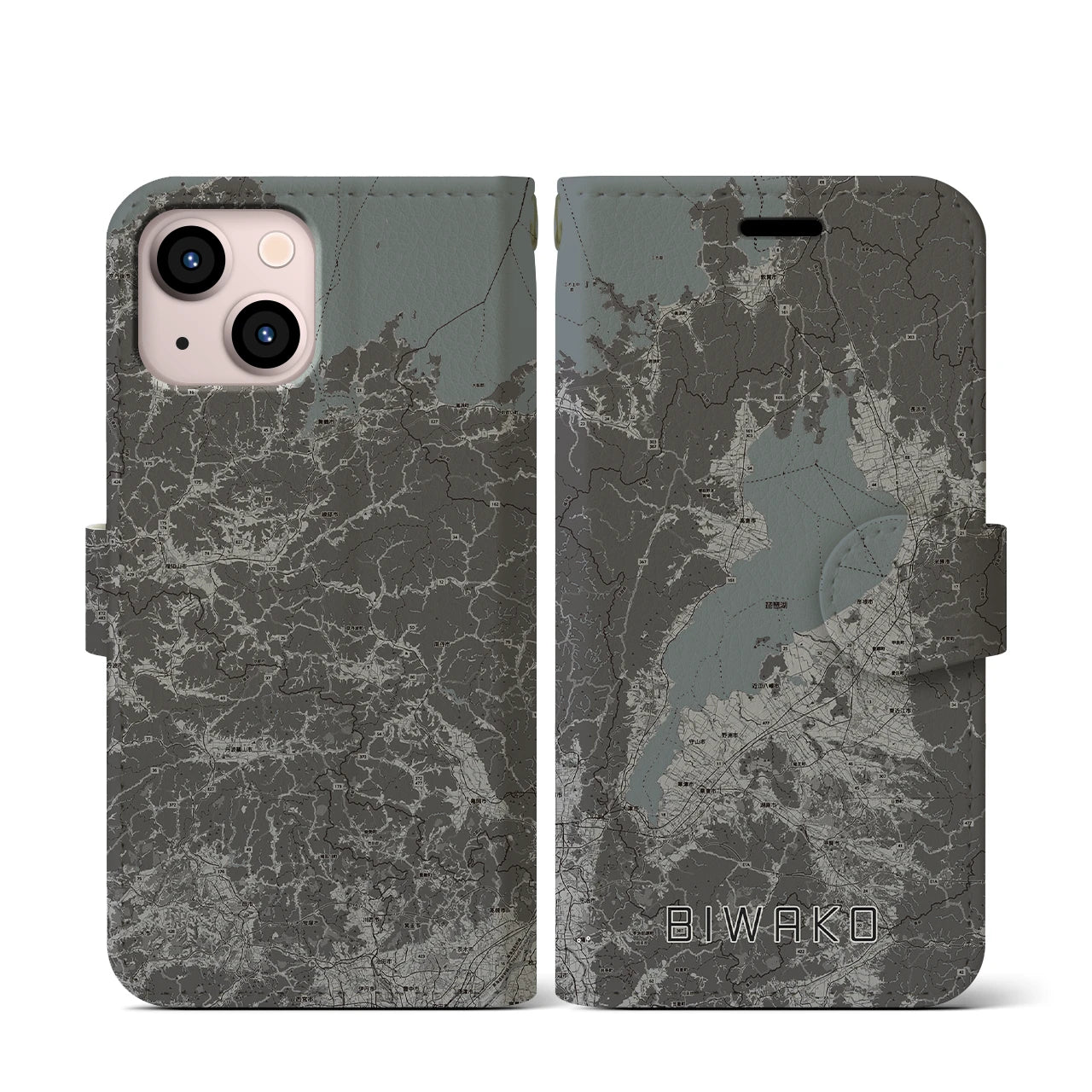 【琵琶湖2(滋賀県)】地図柄iPhoneケース(手帳タイプ)モノトーン・iPhone 13 mini 用