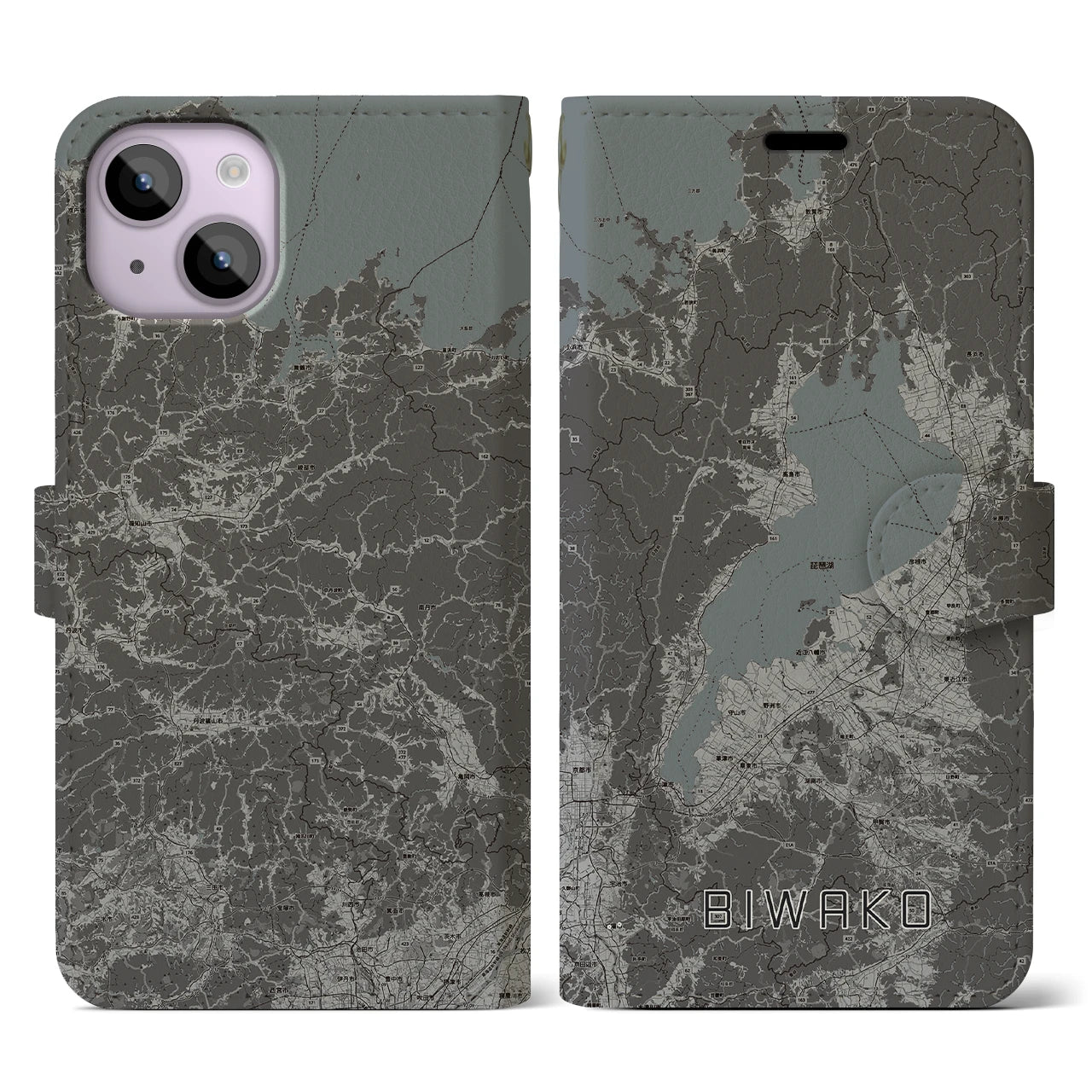 【琵琶湖2(滋賀県)】地図柄iPhoneケース(手帳タイプ)モノトーン・iPhone 14 用