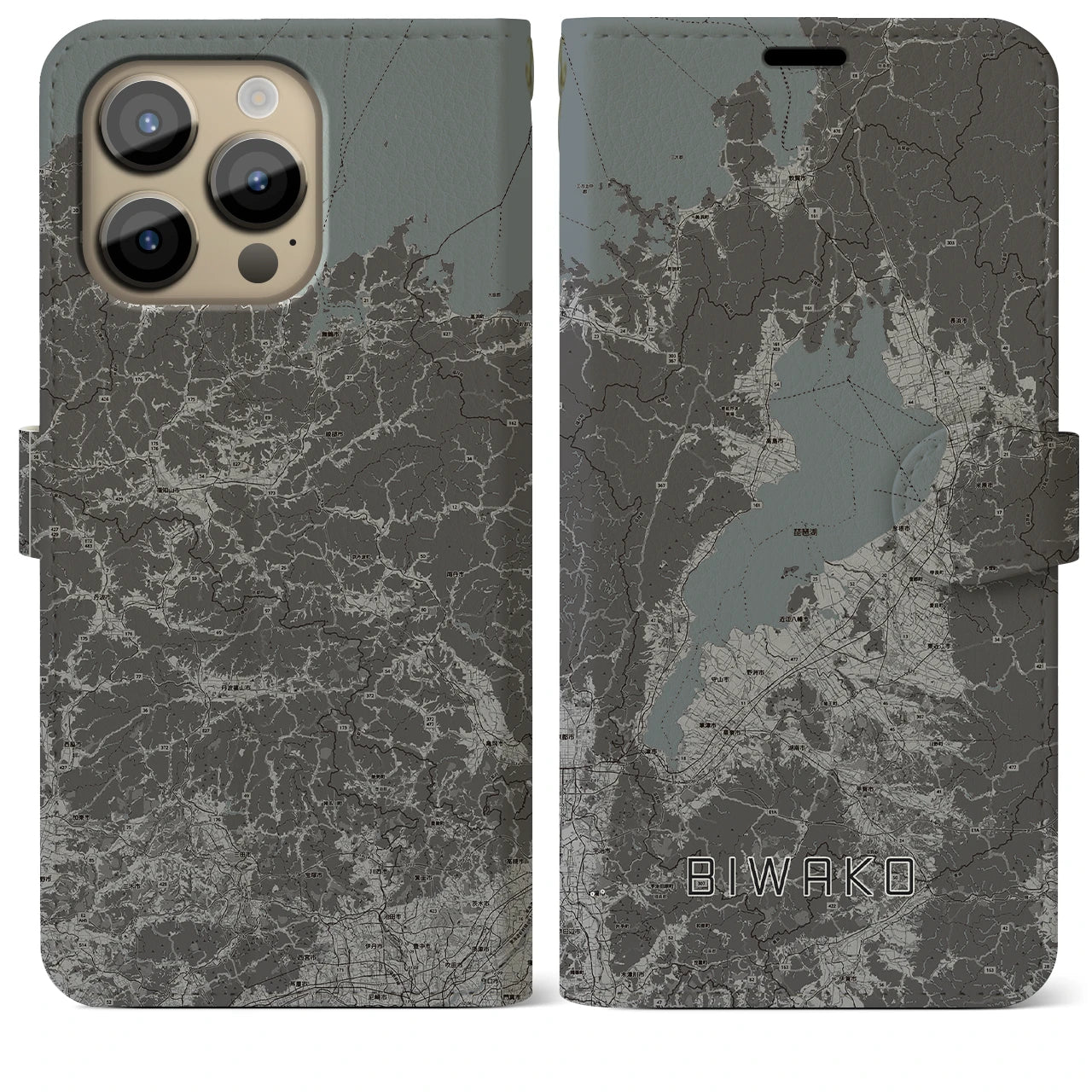【琵琶湖2(滋賀県)】地図柄iPhoneケース(手帳タイプ)モノトーン・iPhone 14 Pro Max 用