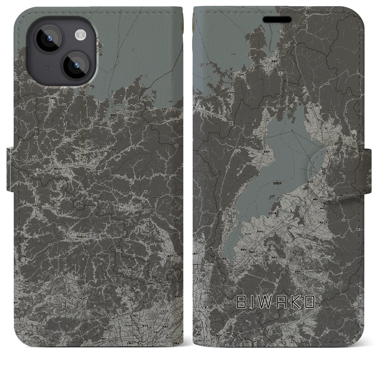 【琵琶湖2(滋賀県)】地図柄iPhoneケース(手帳タイプ)モノトーン・iPhone 14 Plus 用