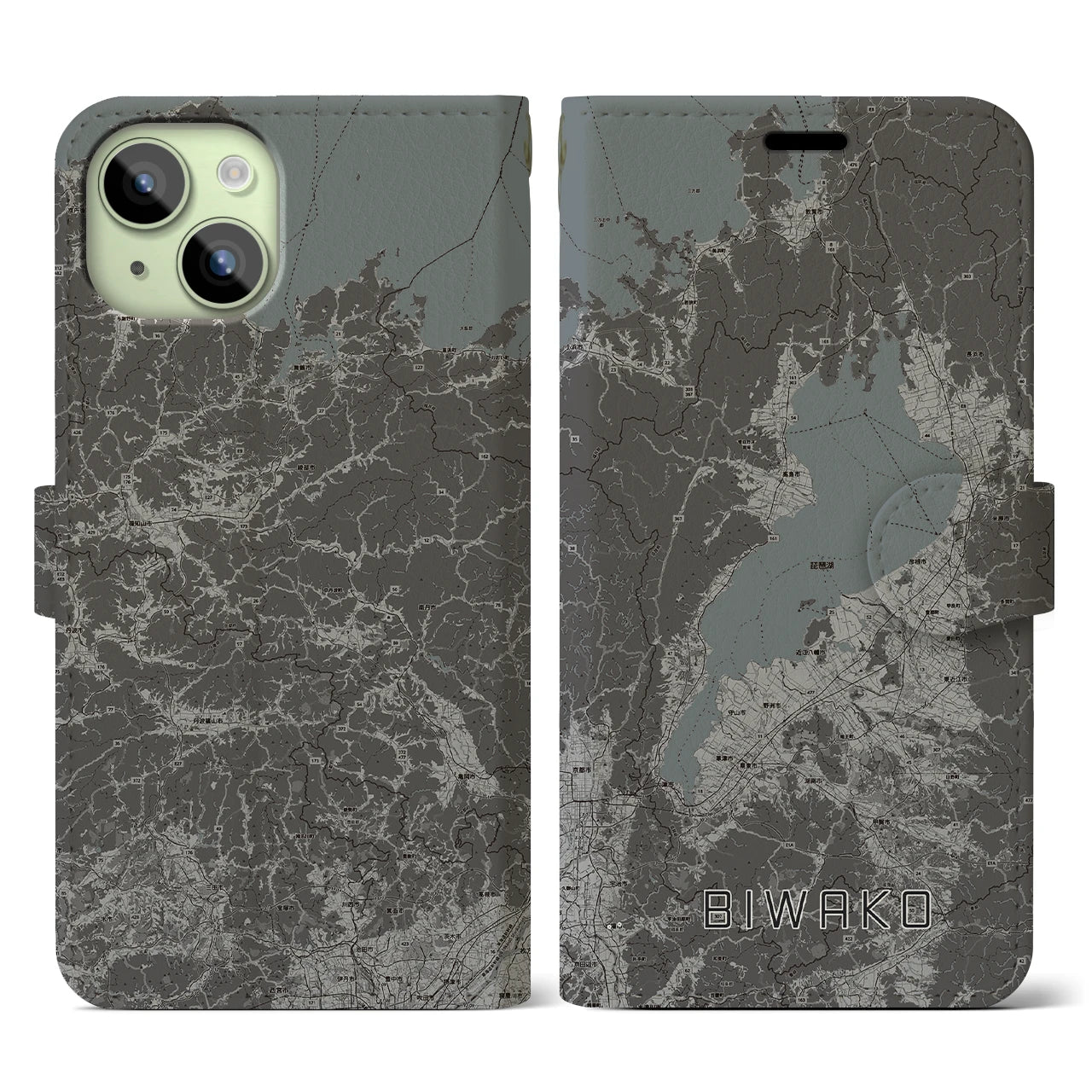 【琵琶湖2(滋賀県)】地図柄iPhoneケース(手帳タイプ)モノトーン・iPhone 15 用