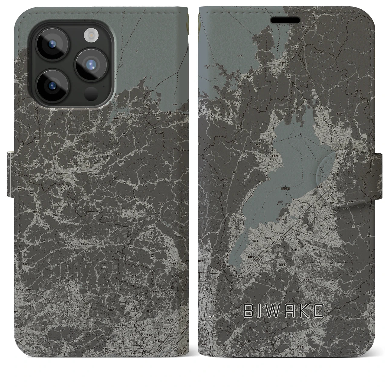 【琵琶湖2(滋賀県)】地図柄iPhoneケース(手帳タイプ)モノトーン・iPhone 15 Pro Max 用