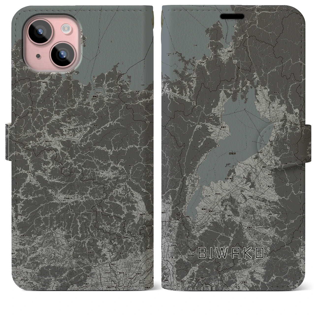 【琵琶湖2(滋賀県)】地図柄iPhoneケース(手帳タイプ)モノトーン・iPhone 15 Plus 用