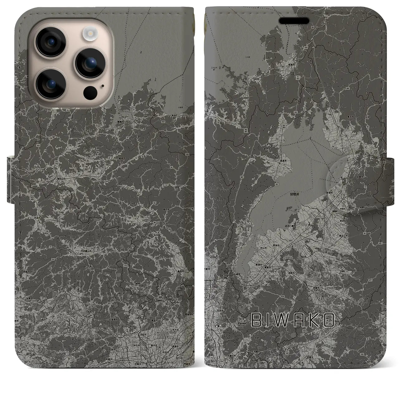 【琵琶湖2(滋賀県)】地図柄iPhoneケース(手帳タイプ)モノトーン・iPhone 16 Plus 用