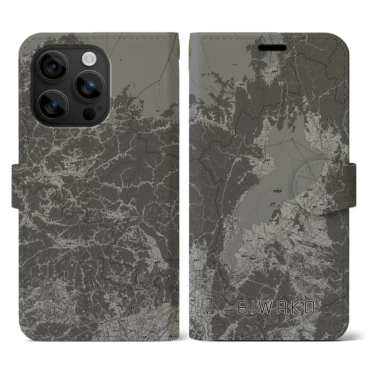 【琵琶湖2(滋賀県)】地図柄iPhoneケース(手帳タイプ)モノトーン・iPhone 16 用