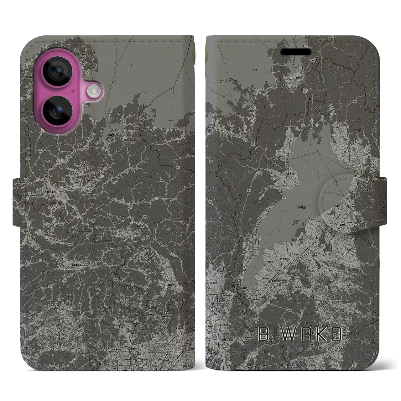 【琵琶湖2(滋賀県)】地図柄iPhoneケース(手帳タイプ)モノトーン・iPhone 16 Pro 用
